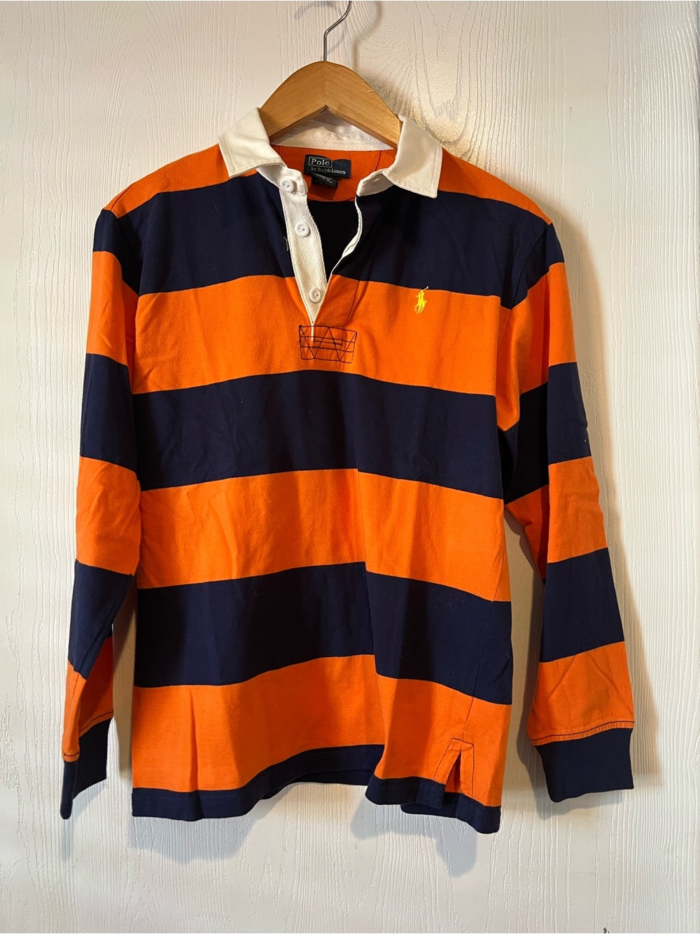 Ralph Lauren  Polo Long Sleeve Striped Collard Shirt Orange blue  boys Sz 14/16